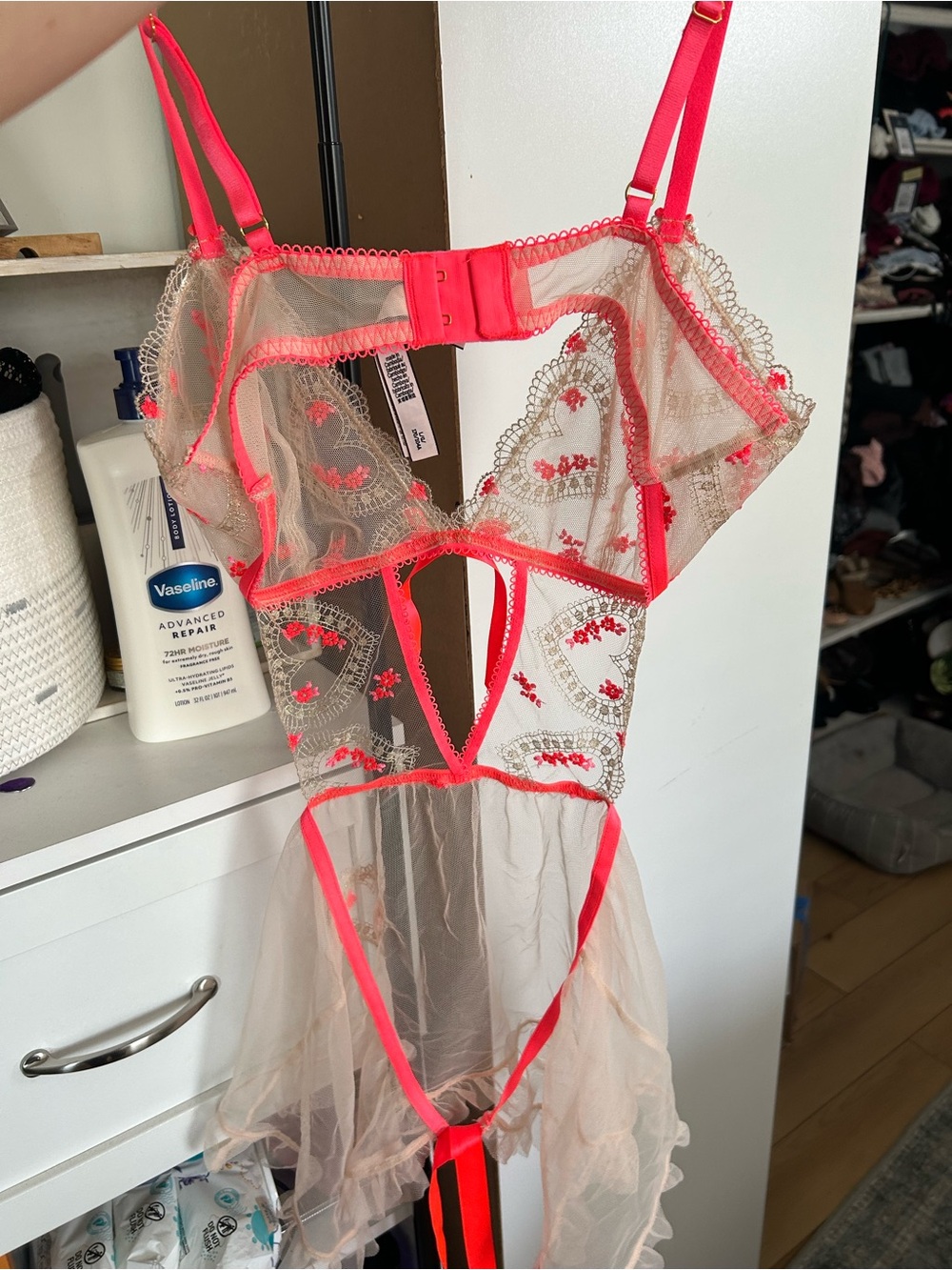 Victoria's Secret Nude Sheer Mesh Chemise with Neon Pink Trim